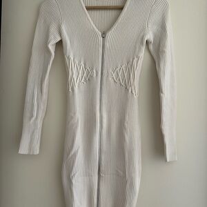 Guess Long Sleeve Ribbed Zip-Front Dress in Cream